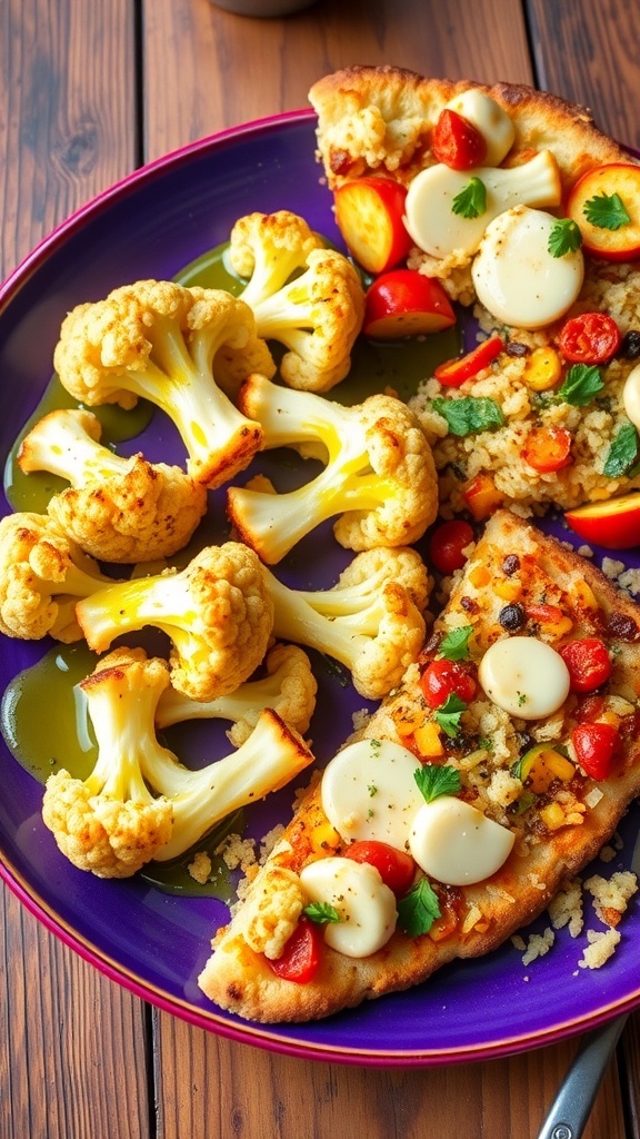 A plate of roasted cauliflower, cauliflower rice stir-fry, and a slice of cauliflower pizza, showcasing versatility in cooking.